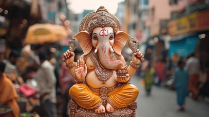 Wall Mural - Ganesh Chaturthi celebrations in Mumbai. A large crowd gathers around a statue of Lord Ganesha. Devotees carry Ganesh Idol for immersion