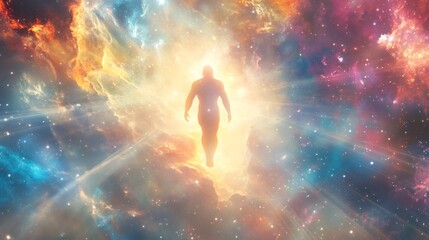 Silhouette of a person in a cosmic nebula with bright rays of light shining down from above.