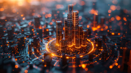 Wall Mural - A computer chip with a city on it. The city is lit up with neon lights. The image has a futuristic and technological vibe.