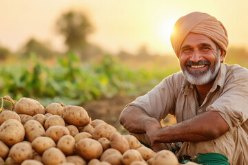 Happy indian farmer at potato agriculture field