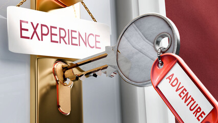 Adventure leads to Experience - it's a key to unlock experience. A door key metaphor showing how adventure is a key to access experience. It's a necessary element to open experience. ,3d illustration