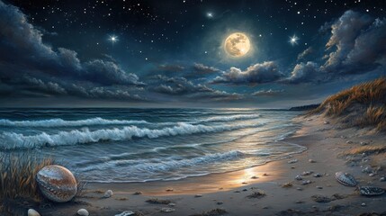 Wall Mural - Nighttime beach with full moon, stars, and seashells.