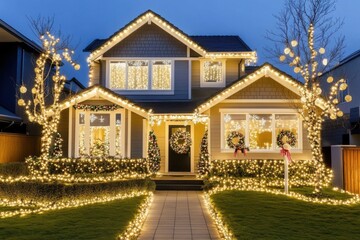 Traditional American house decorated with Christmas lights and wreaths, festive front yard at dusk