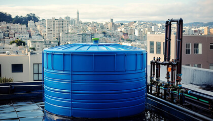 A blue water tank sits on a rooftop, overlooking a city skyline with buildings and distant landmarks.