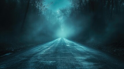 Empty asphalt road in a dark forest with fog