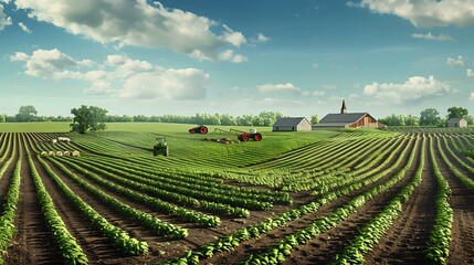 Wall Mural - Picturesque Farmland Landscape with Tractors and Farmhouse