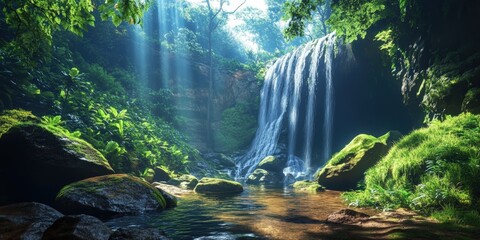 Wall Mural - A waterfall cascades into a serene pool surrounded by lush