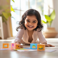 Wall Mural - a joyful indian child, smiling broadly as they play with colorful building blocks on the floor.