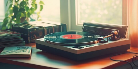 Wall Mural - Turntable, records, and books on a table.