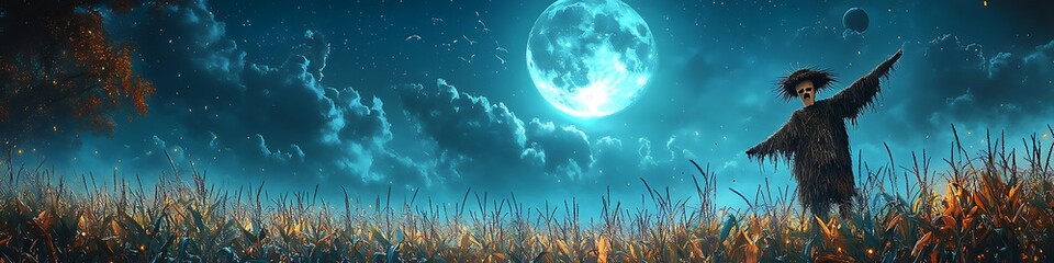 Scarecrow in a cornfield under a full moon.