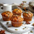 © Maryam - Autumn and winter baked pastries. Healthy pumpkin muffins with traditional fall spices, pumpkin seeds. With tea cup. White marble table, copy space