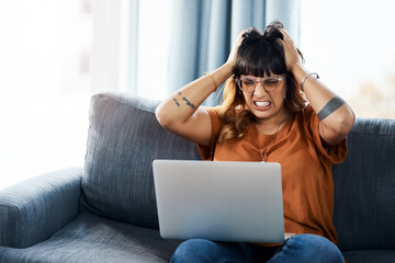 Remote work, woman and angry with laptop for glitch, technical issues and slow connection of internet. Freelancer, editor and frustrated with digital for software crash, publication error and problem