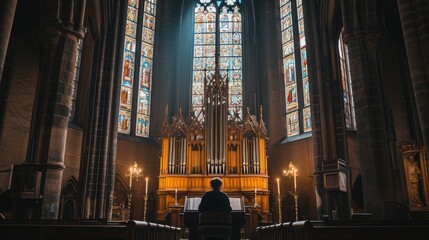 A silhouette of a person sitting in a grand, historic church with stunning stained glass windows and a large organ. Sunlight streams through the windows, creating a serene and contemplative atmosphere