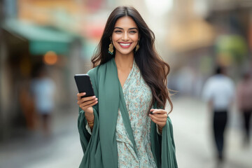 young happy stylish woman using smartphone while walking on street