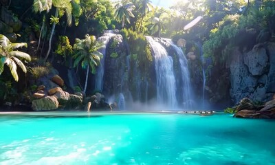 Poster - Tropical island paradise with a hidden waterfall cascading into a turquoise lagoon, Video