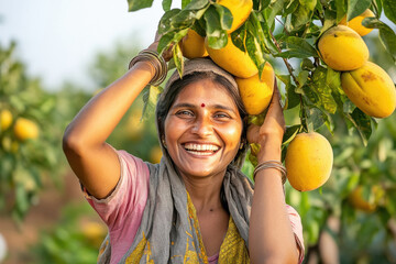 Poster - indian female farmer of Joyful Harvest in the india are picking big, ripe, round and plump yellow mangoes