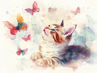 Watercolor painting of a kitten and butterflies.