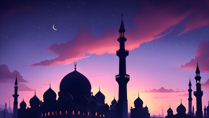 Wall Mural - A beautiful sunset over a city skyline with a large mosque in the background