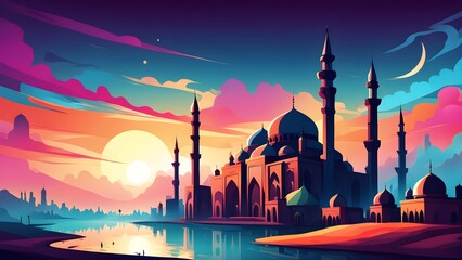 Poster - A colorful painting of a city with a large mosque in the center