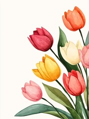 Wall Mural - Abstract Watercolor Flowers: Watercolor tulips in red, yellow, and oink on white background.