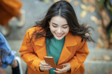 Wall Mural - young beautiful woman wearing orange jacket smiling and holding smartphone while walking