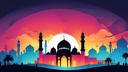 Wall Mural - A colorful drawing of a city with a large mosque in the center