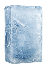 Tall blue ice block with a rough surface and frosty texture, highlighting natural cracks and cool tones. Isolated on transparent background, png.