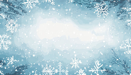 Wall Mural -  A winter wonderland scene with falling snowflakes, pine branches, and a soft blue background.

