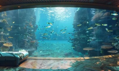 Sticker - Underwater hotel room with panoramic views of the ocean, Video