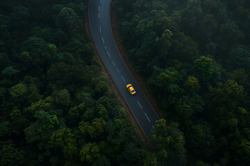 Top view of a yellow car driving on a forest road