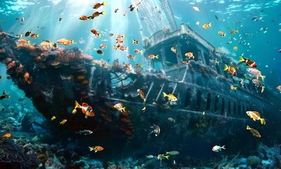 Canvas Print - Underwater scene with a shipwreck teeming with marine life, Video