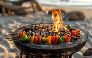 Beachside BBQ Bliss: Fresh Fish and Vegetable Skewers Grilling Over Fire Pit on Sandy Shoreline | Photo-realistic Unsplash Style