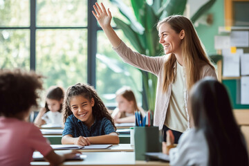 A young female teacher smiles as she raises her hand to get the attention of her students in a classroom setting.