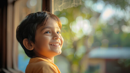 Wall Mural - A happy indian child, with a large modern window at his back, has wonderful sunlight