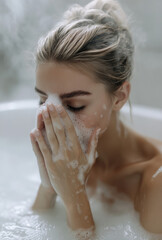 Canvas Print - a woman in the bathtub, washing her face with water and soap.