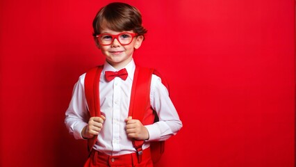 Portrait of a Caucasian school boy white shirt backpack red background red glasses