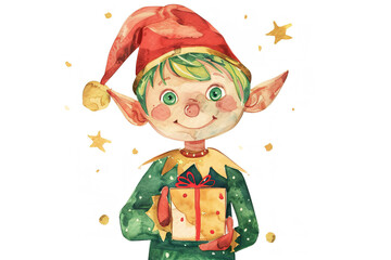 Wall Mural - Watercolor Christmas Elf with Gift