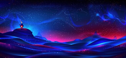Wall Mural - A digital art piece depicting a lone figure standing on a mountaintop, illuminated by a fiery glow, beneath a vibrant, starry sky. 