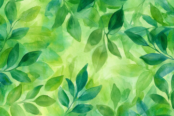 Wall Mural - A vibrant watercolor pattern featuring various green leaves, creating a fresh and natural aesthetic.