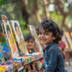 indian children painting on easels in a vibrant park