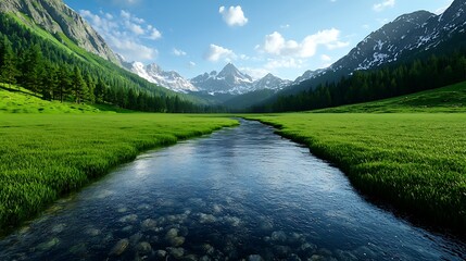 A mountain river flows through a serene meadow, showcasing clear water and a picturesque landscape of nature�s beauty.