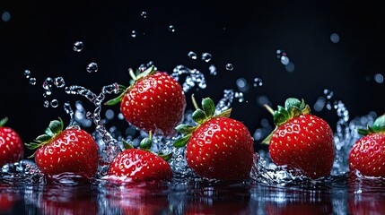 Refreshing delicious red strawberries falling onto water with a splash, isolated on black background 