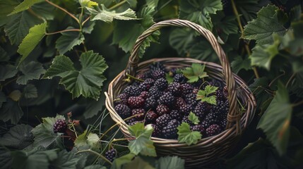 Poster - A wicker basket brimming with freshly picked blackberries nestled among lush green foliage in a picturesque garden.