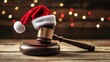 © inthasone - Santa Claus hat on Judge Gavel on wooden rustic background. Christmas and new year celebration. Winter holidays law or heritage protection service.