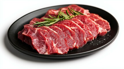 Sliced Beef Steak on Black Plate with Fresh Herbs Isolated on White Background