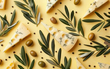 Wall Mural - Cheese, Olive and Green Leaves Pattern