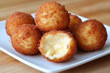 Sticker - A plate of golden, crispy cheese balls, some cut open to reveal a creamy filling, perfect for snacking or appetizers.