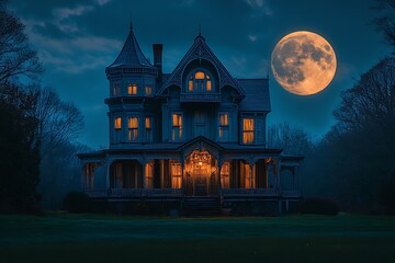 Creepy mansion lit by a full moon.