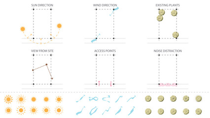 architecture site analysis symbol icon element drawing graphic flat isolated vector. architecture element line sun wind sound sun path vegetation.