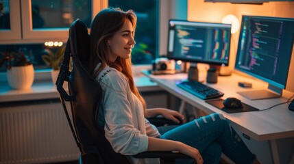 A woman is sitting in a modern, dimly lit room, smiling while looking at multiple computer screens with code, illustrating a passion for programming.